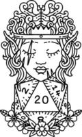 Schwarz-Weiß-Tattoo-Linework-Stil, elfischer Barbarencharakter mit natürlicher 20-Würfel-Rolle vektor