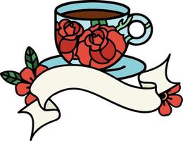 Traditionelles Tattoo mit Banner einer Tasse und Blumen vektor