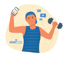 mann-training mit online-fitnesstraining auf smartphone-konzeptillustration vektor