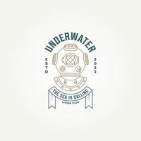 Vintage Underwater Diving Club Classic Line Art Icon Logo Template Vector Illustration Design. Retro antikes Taucherhelm-Logo-Konzept