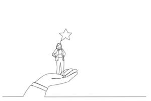 illustration av jätte hand lyft upp en affärskvinna till de stjärnor. enda kontinuerlig linje konst stil vektor