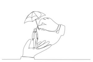 karikatur der chefhand, die winzige geschäftsfrauarbeiter hält. Metapher für die Fürsorge und den Schutz der Mitarbeiter am Arbeitsplatz. Kunst im Stil einer Linie vektor