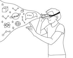 Vektorgrafik einer Person, die eine Virtual-Reality-Brille hält. VR-Technologie Schwarz-Weiß-Zeichnung des Menschen in digitaler Augmented Reality. Metaverse minimalistisches einfaches Konzept vektor