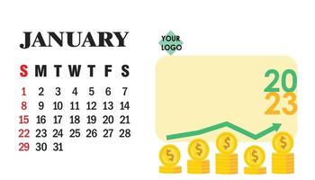 kalendervektor januar 2023, mit finanzen, goldenen münzen und erinnerungshalter. vektor