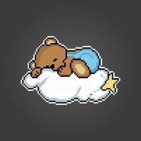 Pixel 8-Bit-Braunbär, der über den Wolken schläft. Tierspiel-Assets in Vektorillustration. vektor