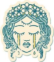 ikonisches, beunruhigtes Bild im Tattoo-Stil eines weiblichen Gesichts mit drittem Auge und kreischender Blumenkrone vektor