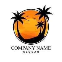 Insel-Logo-Design mit Kokospalmen und Sonnenuntergang vektor