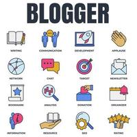 uppsättning av bloggare, bloggande ikon logotyp vektor illustration. nyhetsbrev, mål, kommunikation, resurs, utveckling, analys och Mer packa symbol mall för grafisk och webb design samling