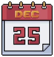 Pixel-Art-Kalender mit Datum vom 25. Dezember, Weihnachtstag-Vektorsymbol für 8-Bit-Spiel auf weißem Hintergrund vektor