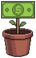 Pixelkunstvase mit Banknotenpflanze, Pflanzengeld-Vektorsymbol für 8-Bit-Spiel auf weißem Hintergrund vektor