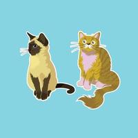 zwei Katzenaufkleber auf blauem Hintergrund isoliert vektor