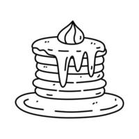 süße Pfannkuchen mit Sirup und Sahne isoliert auf weißem Hintergrund. handgezeichnete Vektorgrafik im Doodle-Stil. Perfekt für Karten, Dekorationen, Logos, Menüs. vektor