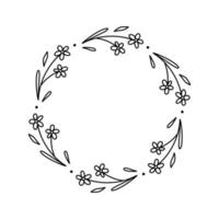 blommig krans isolerad på vit bakgrund. rund ram med blommor. vektor handritade illustration i doodle stil. perfekt för kort, inbjudningar, dekorationer, logotyper, olika mönster.