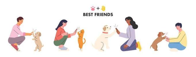 süße hunde und katzen und menschen high five. flache Designart-Vektorillustration. vektor