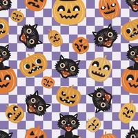 sömlös mönster med årgång halloween svart katter på vågig kontrollerade bakgrund. perfekt för textil, tapet eller skriva ut design. vektor