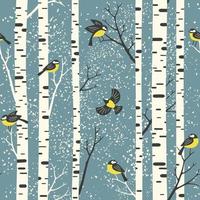 snöig björk träd och fåglar på ljus blå bakgrund. sömlös mönster. perfekt för tyg, tapet, presentpapper eller vykort design. vektor