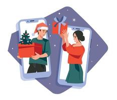 Online-Weihnachten. Neujahrsgeschenke. mann und frau mit geschenken in handys. Vektorbild. vektor