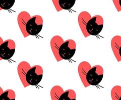 söt svart katt med röd hjärta. rolig sömlös mönster vektor