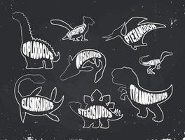 eine Reihe von Kreideumrissen weißer Dinosaurier mit Inschriften auf einem Tafelhintergrund. Vektor-Illustration vektor