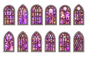 gotische Fenster eingestellt. Vintage Kirchenfenster aus Buntglas. Element der traditionellen europäischen Architektur. Vektor