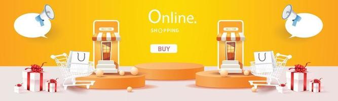 online shopping på telefon köp sälj företag digital webb banner ansökan pengar reklam betalning e -handel vektor illustration sök