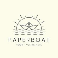 Papierboot, Sonne und Meer mit Logo-Vektorsymbol-Vorlagenillustration im Linienstil vektor