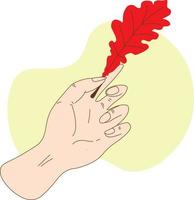 Hand, die rotes Eichenblatt für Herbstgestaltungselemente hält. gefallenes goldgelbes Blatt auf Weiß. Herbstsaison-Symbol, isoliertes Symbol, botanisches Elementraster der Natur. Front und Laub gewelltes trockenes Blatt vektor
