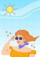 Häftigt flicka med solglasögon. röd lockigt frisyr. sommar illustration. färgrik vektor. vektor