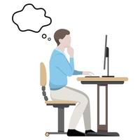 Ein Büroangestellter sitzt an einem Computer. Die Person denkt über Ideen nach. Arbeitstag. der Arbeitsprozess. Inspiration. Suche nach Entscheidungen. flache vektorillustration lokalisiert auf weißem hintergrund. vektor