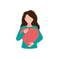 kvinna innehav en stor röd hjärta i henne händer. vektor illustration.