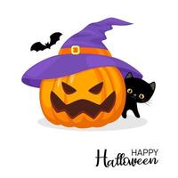 Lycklig halloween. orange stor pumpor häxa hatt och svart katt. skrämmande pumpa med leende. vektor illustration isolerat på vit bakgrund. halloween och höst begrepp.
