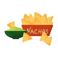 Cartoon-Nachos mit Guacamole isoliert auf weißem Hintergrund. vektorillustration des mexikanischen essens vektor