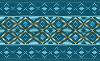 gestricktes ethnisches Muster, Vektorstickerei Navajo-Hintergrund, Kreuzstichmotiv Stammesstil, gelbes und blaues Zickzackmuster, Design für Textilien, Stoffe, Tapeten, grafische Illustration vektor