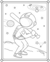 süßer astronaut, der planetenball mit baseballschläger im weltraum spielt, geeignet für kinderfarbseiten-vektorillustration vektor