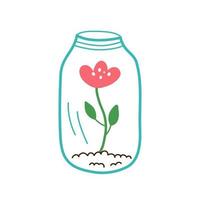 dekorativ glas burk med en blomma inuti. vektor illustration i ritad för hand stil. perfekt för dekorera en blomma affär, en botanisk trädgård eller för en bok omslag