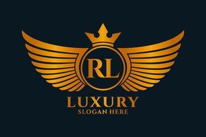 luxus königlicher flügelbuchstabe rl wappengoldfarbe logovektor, siegeslogo, wappenlogo, flügellogo, vektorlogovorlage. vektor
