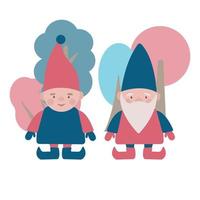 jul tecknad serie illustration med två liten Lycklig nisser i en magi skog. vinter- vektor söt bebis tecken. santa claus medhjälpare.