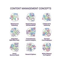 Symbole für das Content-Management-Konzept festgelegt. lms, cms-funktionalitäten idee dünne linie farbabbildungen. sozialen Medien. E-Commerce. isolierte Symbole. editierbarer Strich. vektor