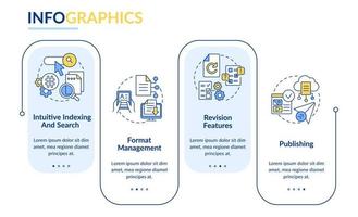 wichtige cms-eigenschaften rechteckige infografik-vorlage. intuitive Suche. Datenvisualisierung mit 4 Schritten. bearbeitbares Zeitachsen-Infodiagramm. Workflow-Layout mit Liniensymbolen. vektor