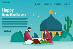 glückliches ramadan kareem-grußkonzept mit personencharakter für tapete, banner, illustration, sozial, web-landing-page-vorlage. islamische eid fitr oder adha mubarak flache designillustration vektor