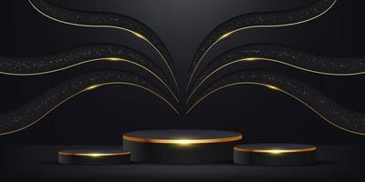realistisk 3d svart cylinder piedestal podium med svart och gyllene glitter vektor