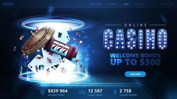 Online-Casino, Willkommensbonus, blaues Banner für Website mit Schaltfläche, Casino-Spielkarten, Casino-Roulette, Spielautomat und Pokerchips im blauen Portal aus digitalen Ringen in dunkler, leerer Szene vektor