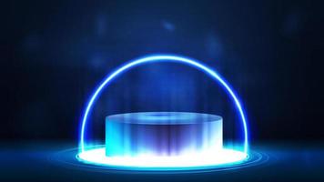 tömma blå podium med cirkel glans lampa på golv och blå neon ram på bakgrund. vektor