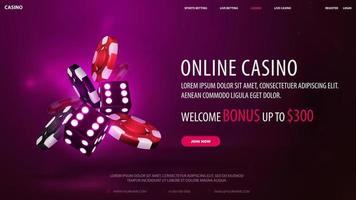 Casino-Web-Banner mit lila Neon-3D-Würfeln mit roten und schwarzen realistischen Glücksspielstapeln von Casino-Chips auf lila Hintergrund vektor