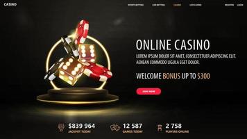 Online-Casino, Webbanner mit goldenem Podium, das mit gelbem Neonring in der Luft schwebt