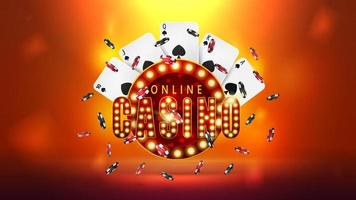 Online-Casino, rotes Retro-Schild mit Pokerchips und Spielkarten vektor