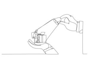 Illustration von großen Händen, die Geschäftsmann und Beleuchtung auf der Oberseite halten, Metapher für Kontrolle, Unterstützung und Koordination. ein Kunststil mit durchgehender Linie vektor
