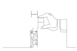 Karikatur eines Geschäftsmannes, der mit einer riesigen helfenden Hand auf die Spitze einer kaputten Leiter klettert, um eine Verbindung herzustellen, um höher zu gelangen. Kunststil mit einer durchgehenden Linie vektor
