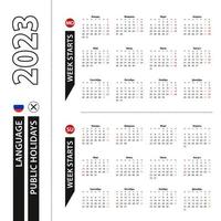 Zwei Versionen des Kalenders 2023 auf Russisch, die Woche beginnt am Montag und die Woche beginnt am Sonntag. vektor