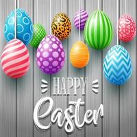 Lycklig påsk kort med färgad ägg, blommor, kanin öron och insekt i runda former på trä bakgrund vektor